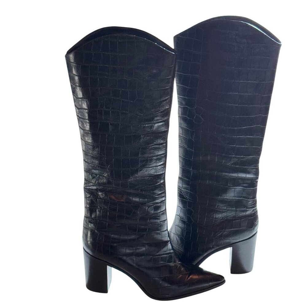 Schutz Mariana Black Crocodile-Embossed Leather Knee-High Black Boots 9.5B - Picture 4 of 14